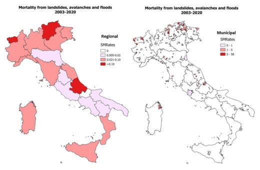 geographic map of the regional standard mortality rates (SMRates) per 100,000