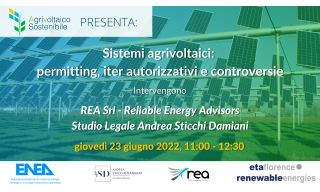 titolo del webinar Sistemi agrivoltaici: permitting, iter autorizzativi e controversie